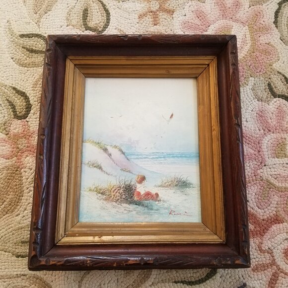 Vintage Painting Child On Beach in Antique Wood Frame w/Glass - Picture 8 of 9